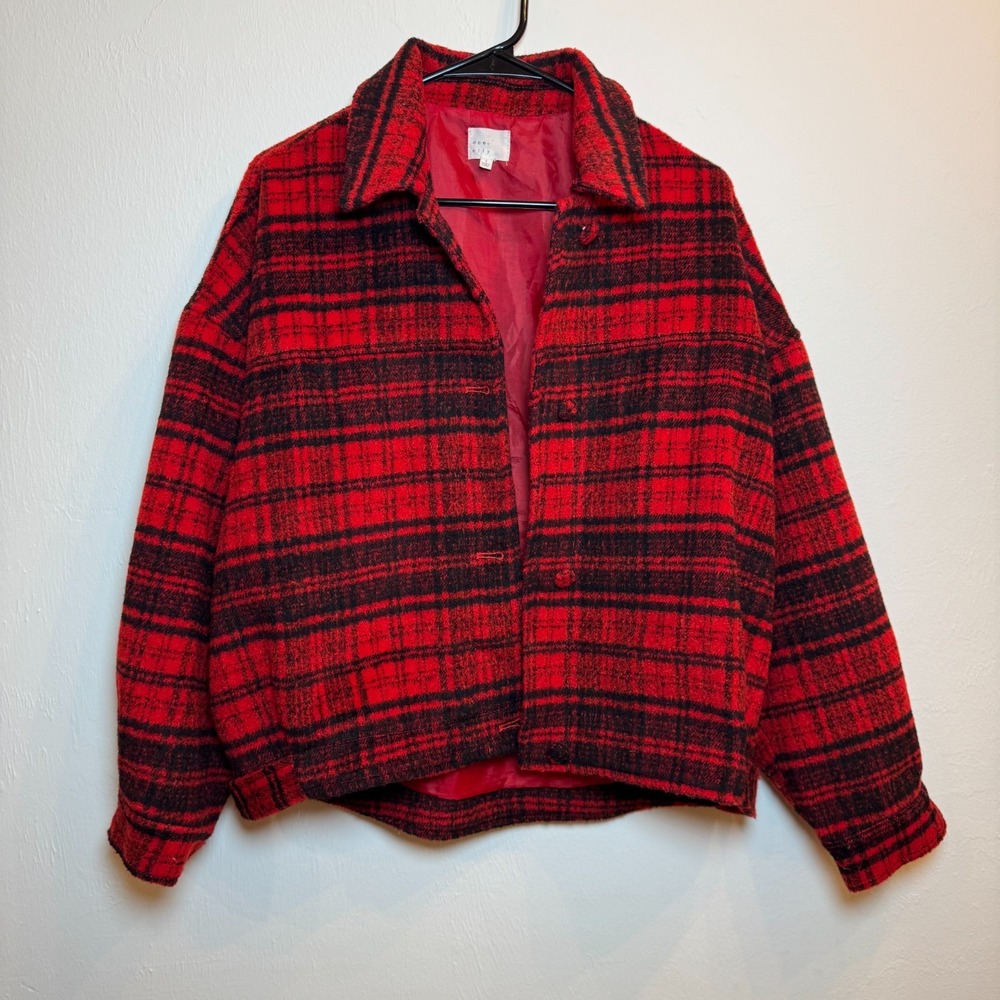 Women's Dee Elly S Red Black Plaid Fringe Jacket Button Front Lined Shacket Coat